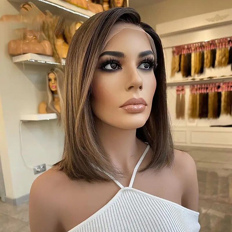 Remy Human Hair 13x4 Lace Front Wig Bob Brazilian Hair Straight Multi-color Wig 130% 150% Density Ombre Hair Highlighted / Balayage Hair Pre-Plucked For Women Short Human Hair Lace Wig3