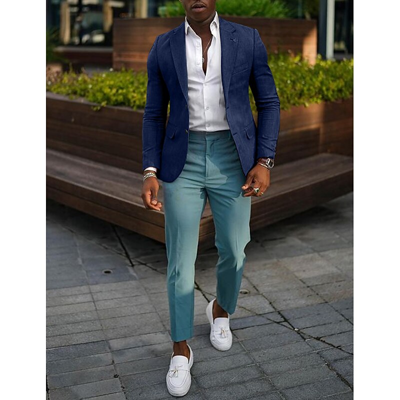 Men's Blazer Jacket Linen Blazer Notch Collar Fashion Casual Solid Colored Dark Khaki Black Yellow Tailored Fit Single Breasted Two-buttons3