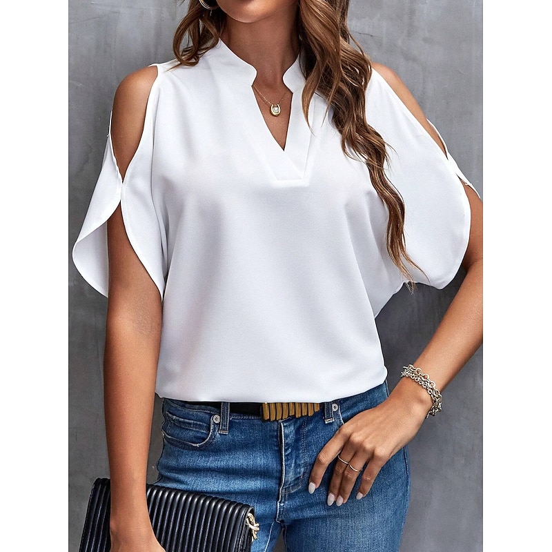 Shirt Blouse Women's White Red Green Floral Plain Cut Out Casual Fashion V Neck Regular Fit S2