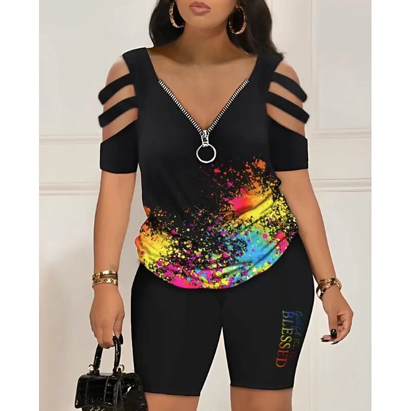 Women's Shirt Shorts Sets Graphic Zipper Cut Out Casual Daily Fashion Short Sleeve V Neck Black Summer2