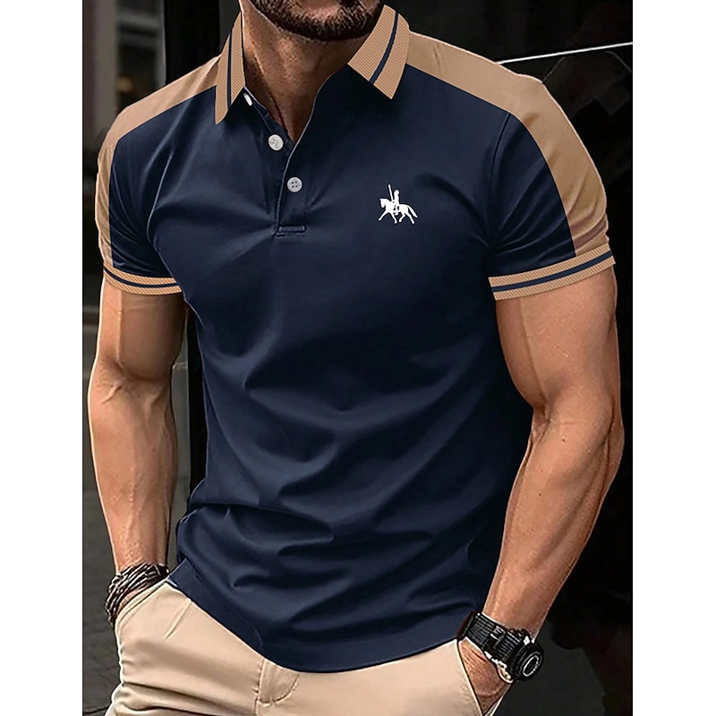 Men's Button Up Polos Cotton Polo Shirt Casual Holiday Lapel Short Sleeve Fashion Basic Color Block Patchwork Embroidered Summer Regular Fit Black Wine Navy Blue Green Grey Button Up Polos