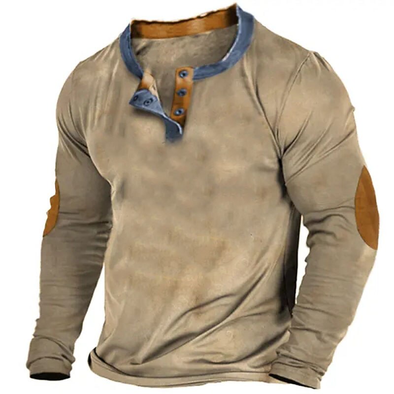 Men's Button T Shirt T Shirt Henley Shirt Tee Top Long Sleeve Henley Spring &  Fall Color Block Vintage Designer Basic Patchwork Vacation Street Going out Black khaki Top Tee for Men