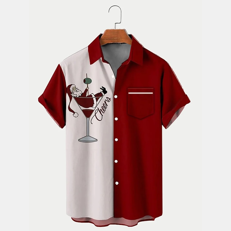 Christmas Men's Santa Claus Hawaiian Shirt Color Block Santa Claus Reindeer Casual Aloha Outdoor clothing Daily Wear Streetwear Fall Turndown Short Sleeve Black Red Green S M L Normal4