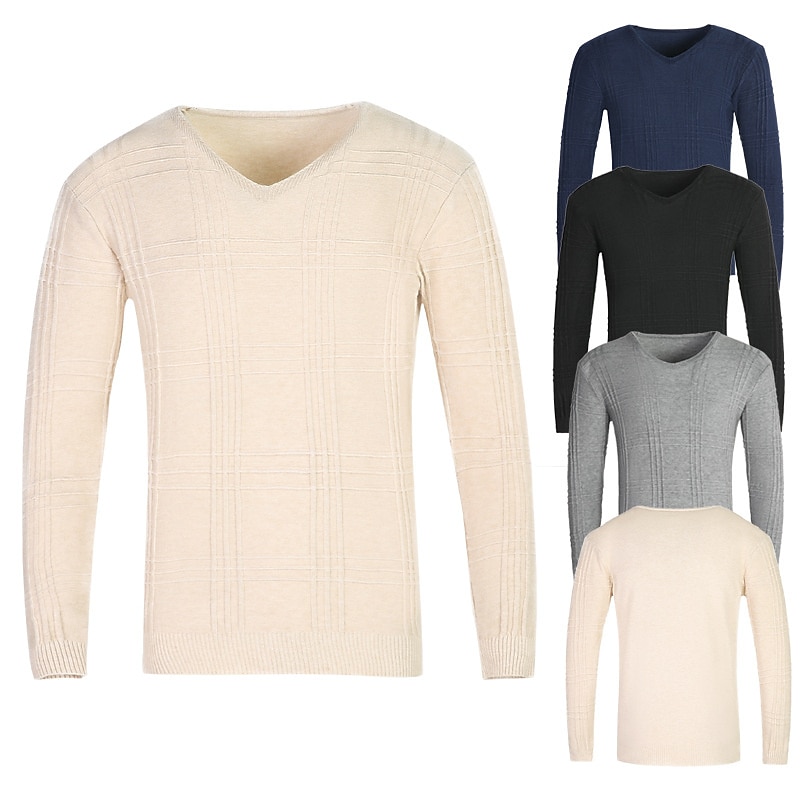 Men's Pullover Sweater Jumper Cable Knit Sweater Ribbed Knit Knitted Plain V Neck Keep Warm Casual Daily Wear Vacation Clothing Apparel Fall & Winter caramel Black M L XL