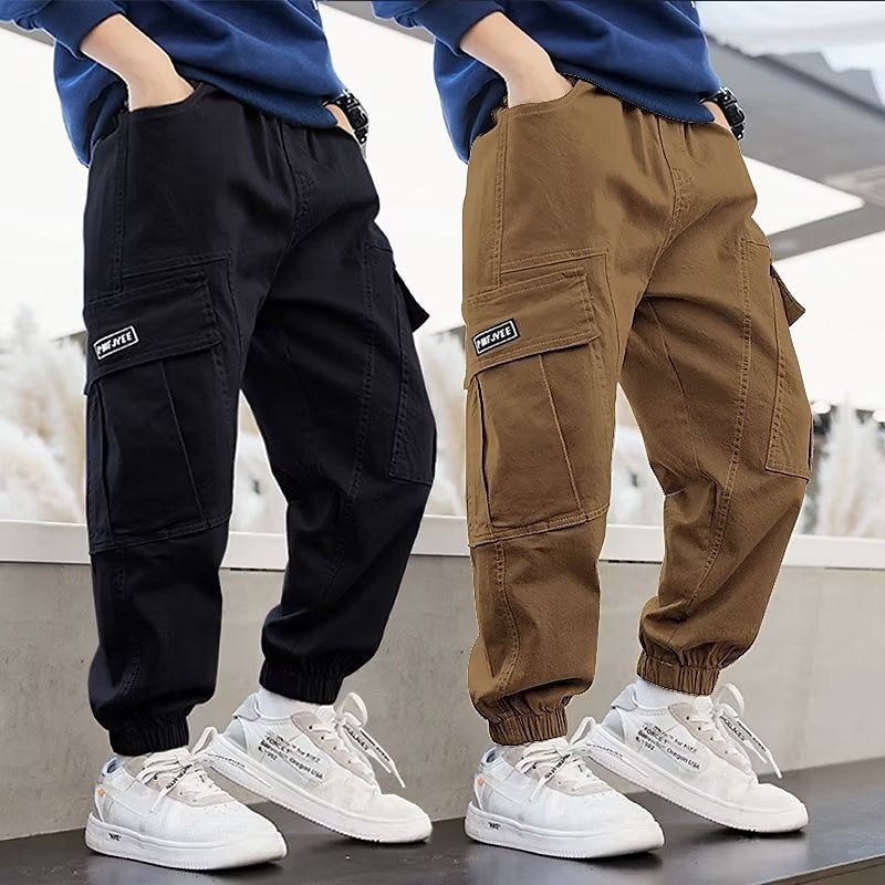 Kids Boys Pants Trousers Pocket Letter Soft Comfort Pants School Cotton Fashion Cool Black Khaki Mid Waist
