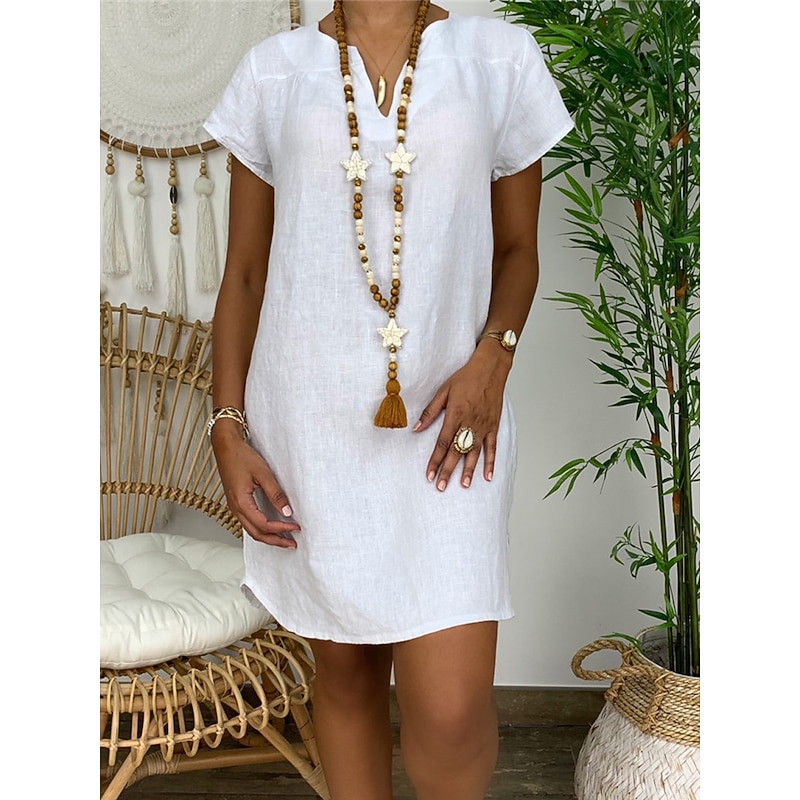 Women's Mini Dress Linen-Inspired Dresses White Dress Shirt Dress Casual Dress Basic Street Date Regular Fit Short Sleeve Split Neck White Yellow Pink Orange Summer