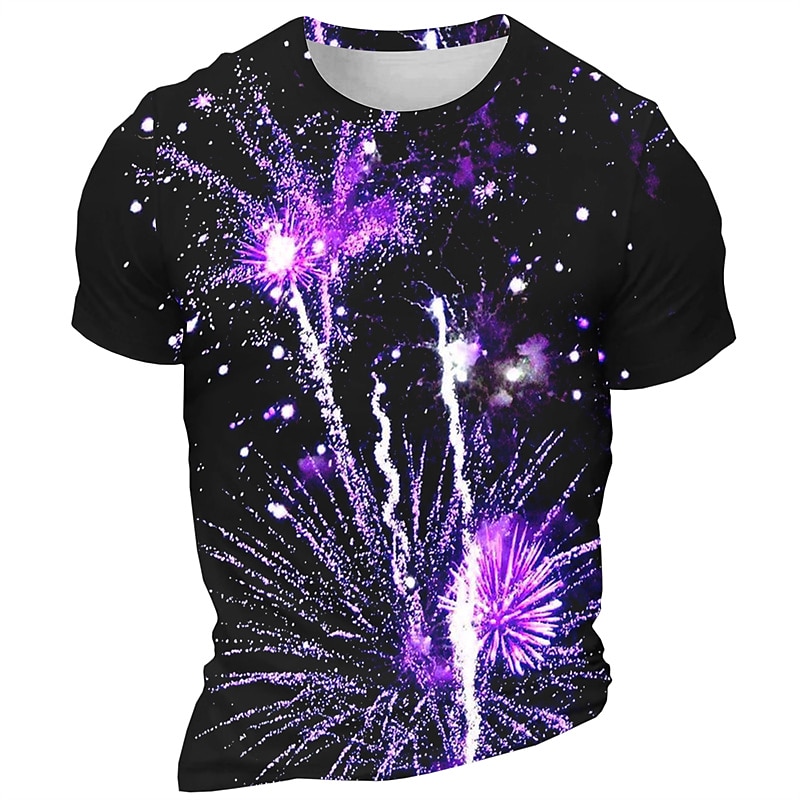 Men's Graphic Fireworks T Shirt Short Sleeve T shirt 3D Print Crew Neck Shirt Daily Designer Retro Vintage Carnival Sports Outdoor Holiday Black Red Navy Blue Spring & Summer Clothing Apparel S M L2