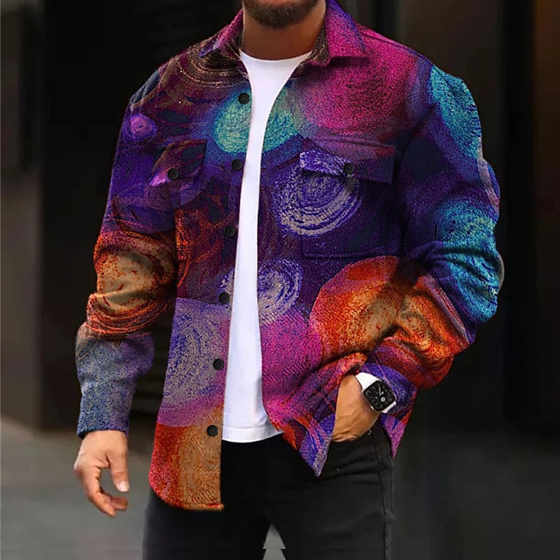 Men's Geometric Pattern Geometry Shirt Shirt Jacket Overshirt Long Sleeve Artistic Abstract Daily Wear Going out Weekend Fall & Winter Turndown Pocket Print Button-Down Purple Rainbow2