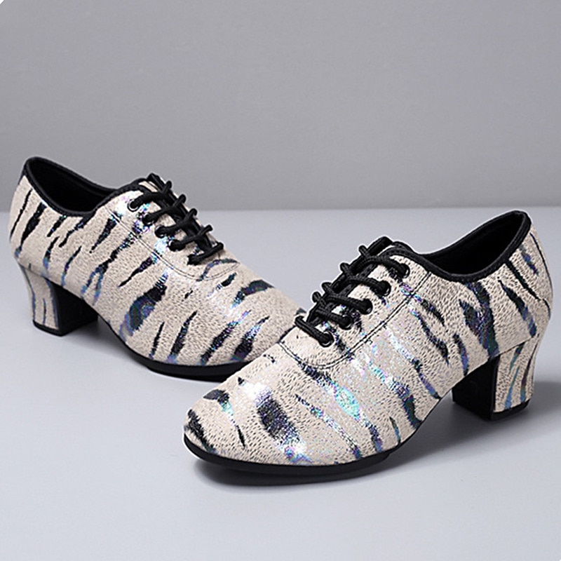 Women's Glitter Dance Shoes with Animal Print, Lace-Up Design, and Comfortable Low Heels for Ballroom, Latin, or Party 9