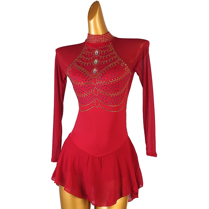 Figure Skating Dress Women's Girls' Ice Skating Dress Burgundy Patchwork Open Back Mesh High Elasticity Training Competition Skating Wear Classic Crystal / Rhinestone Long Sleeve Ice Skating Figure3