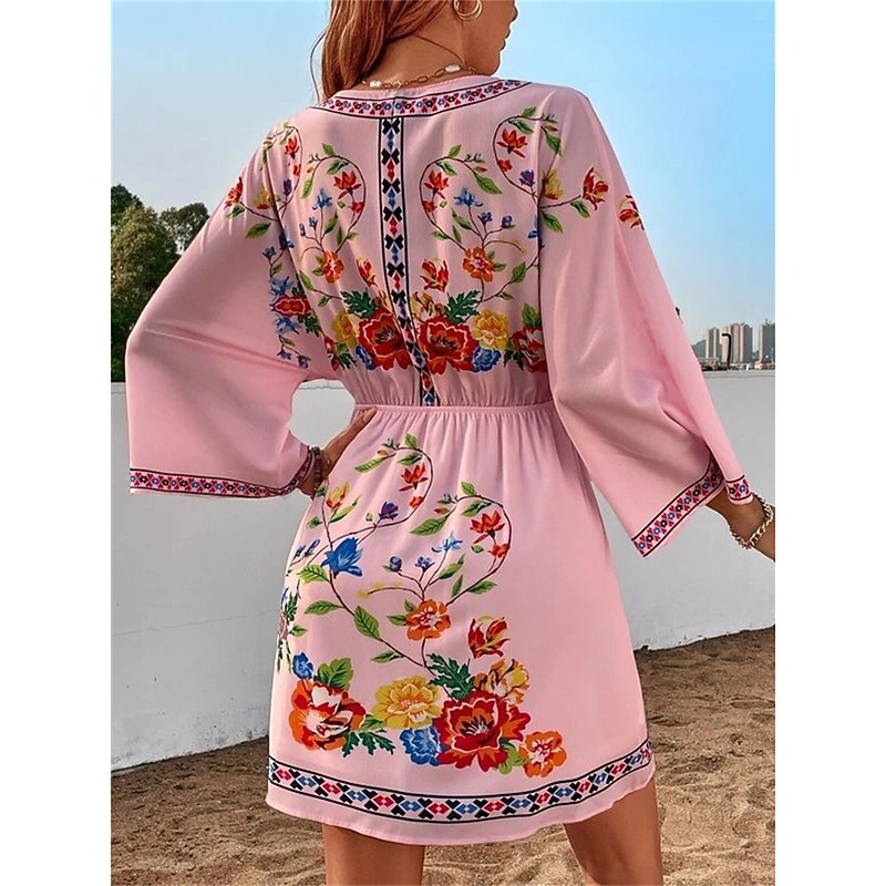 Women's Casual Dress Floral Print V Neck Mini Dress Ethnic Boho Vacation 3/4 Length Sleeve Summer Spring 8