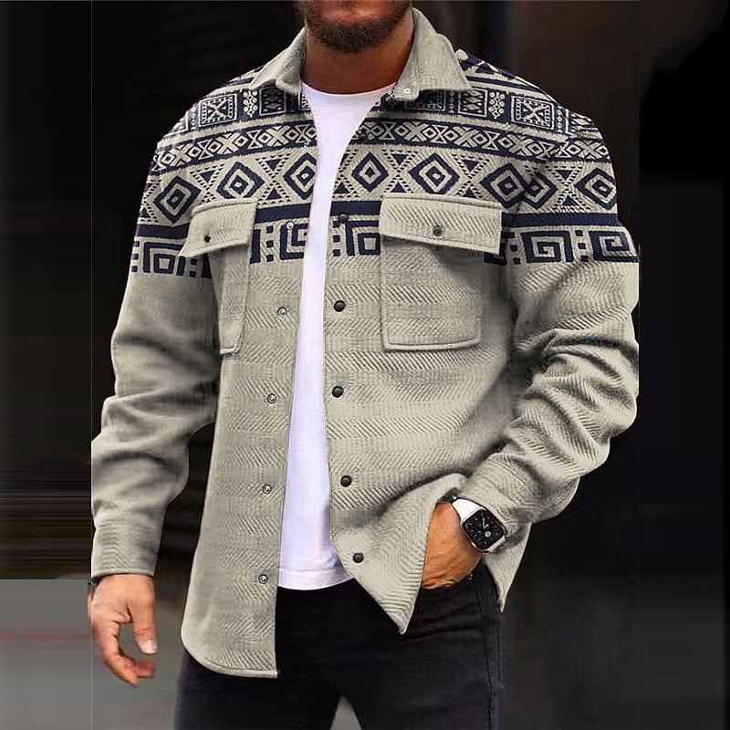Men's Tribal Geometry Ethnic Shirt Shirt Jacket Overshirt Long Sleeve Vintage Casual Tribal Outdoor Street Casual Daily Fall & Winter Turndown Buttons Pocket Print Blue Brown Gray3