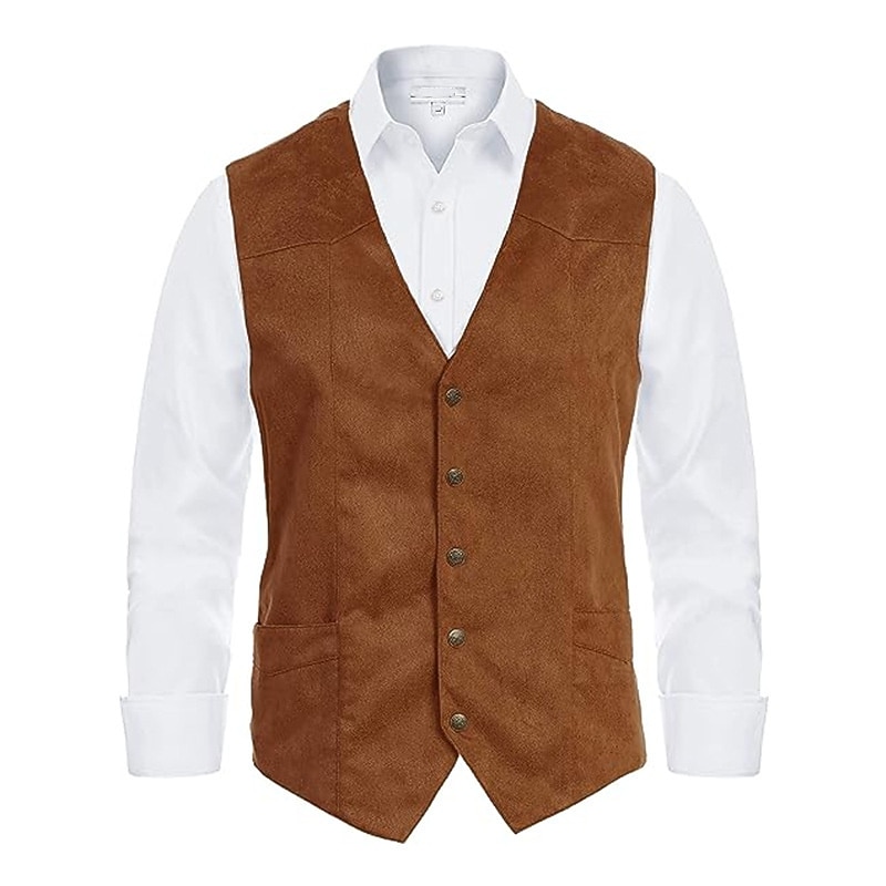 Men's Suede Vest Daily Wear Vacation Going out Vintage Style Chic & Modern Spring &  Fall Button Polyester Comfortable Plain Single Breasted V Neck Regular Fit Black Brown Coffee Gray Vest3