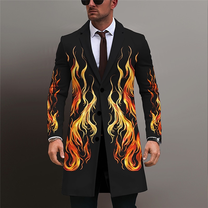 Men's Flame Winter Coat Overcoat Coat Warm Comfortable Breathable Business Abstract Work Wear to work Going out Pocket Print Fall & Winter Turndown Long Sleeve Yellow Purple2