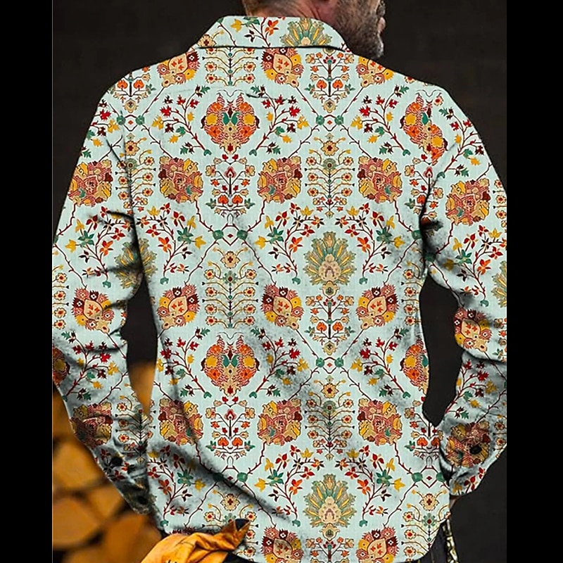 Men's Shirt Shirt Jacket Long Sleeve Vintage Daily Wear Going out Weekend Fall & Winter Turndown Pocket Print Button-Down Black Purple Green2