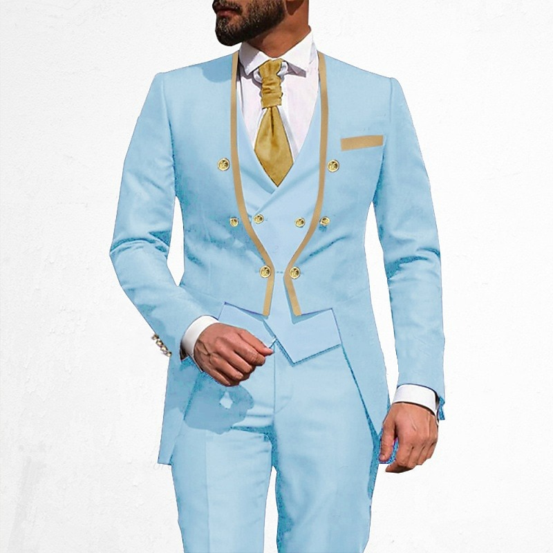 Men's Wedding Party Suits V Neck Light Blue Black Solid Colored Tailored Fit 3 Piece Double Breasted Six-buttons