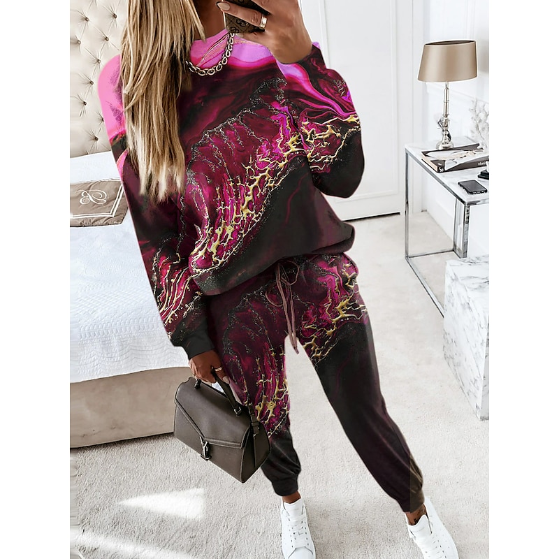Women's 2 Pieces Sweatshirt Tracksuits Sports Daily Tracksuit Pants Sets Joggers Pants Trousers Long Sleeve Round Neck Graphic Abstract Drawstring Print Outdoor Casual Pink Blue Green3