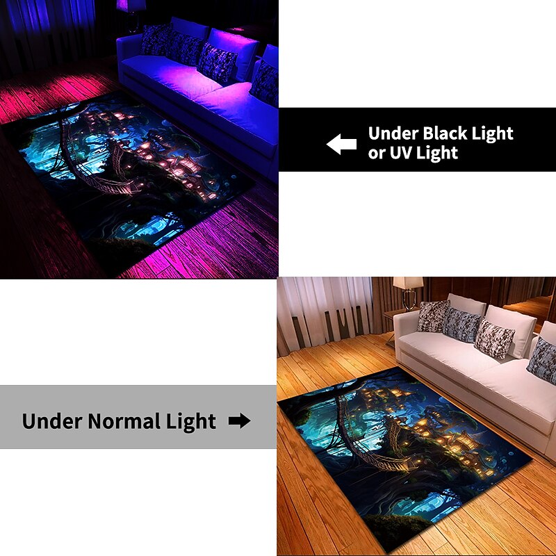Blacklight Rug UV Reactive Glow in the Dark Area Rug Kitchen Mat Non-Slip Oil Proof Trippy Tree House Floor Mat Livingroom Rug Indoor Outdoor Mat Bedroom Decor Bathroom Mat Entrance Rug Door Mat3