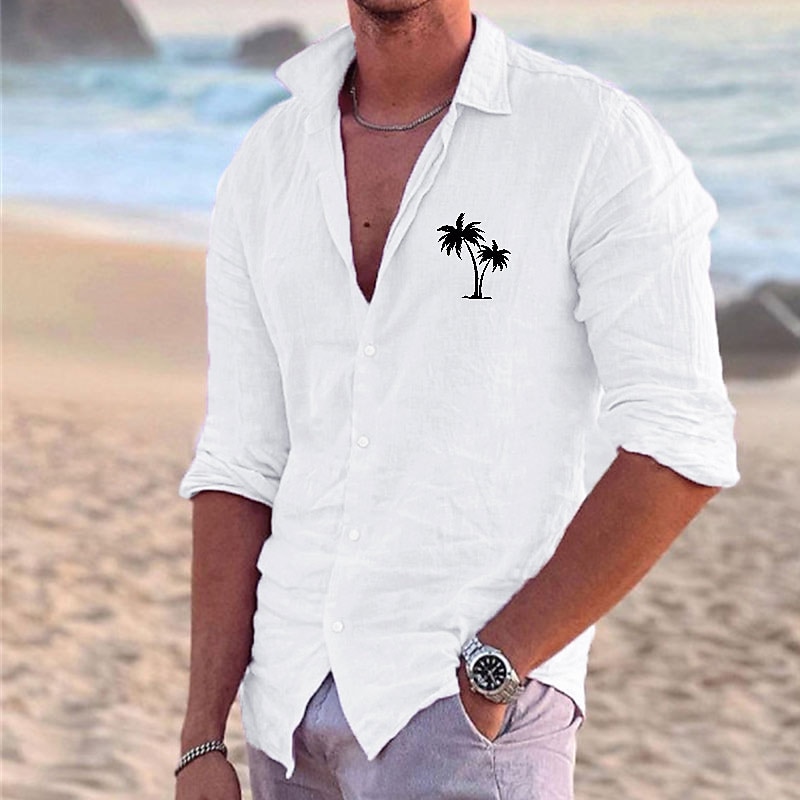 Men's Shirt Linen Shirt Beach Shirt Coconut Tree Outdoor Vacation White Pink Blue Green Long Sleeve Turndown Summer Spring Clothing Apparel Print3