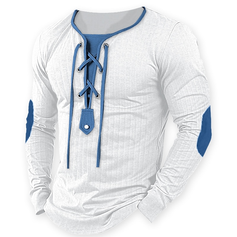 Men's T Shirt Muscle Shirt Ribbed Knit tee Tee Top Long Sleeve Collar Spring &  Fall Color Block Fashion Designer Basic Drawstring Patchwork Vacation Street Going out Black White Blue Top Tee for Men