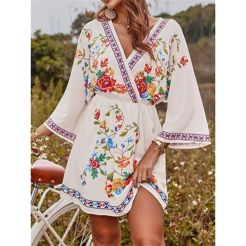 Women's Casual Dress Floral Print V Neck Mini Dress Ethnic Boho Vacation 3/4 Length Sleeve Summer Spring