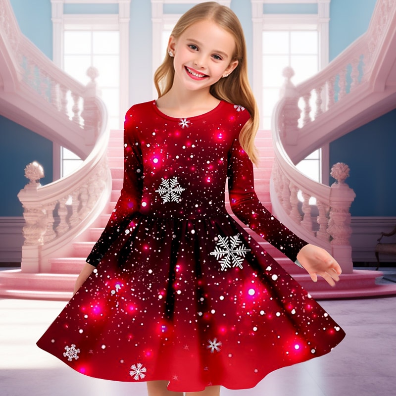 Girls' 3D Snowflake Dress Snowflake Dress Long Sleeve 3D Print Fall Winter Vacation Sports & Outdoor Daily Cute Casual Beautiful Kids 4-12 Years Casual Dress A Line Dress Above Knee Regular Fit3