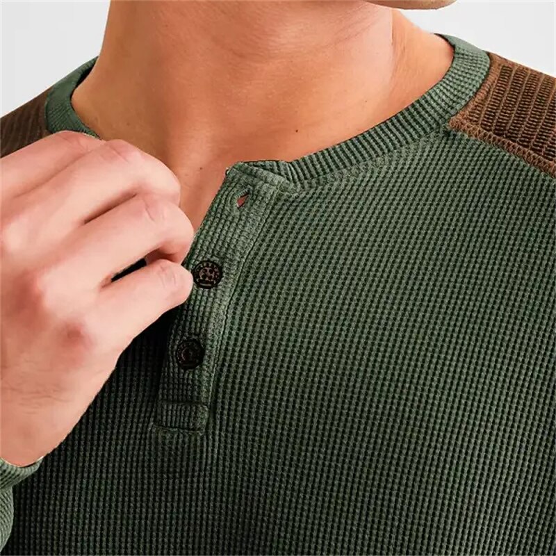 Men's Waffle Tee Button T Shirt T Shirt Henley Shirt Long Sleeve Henley Spring & Fall Color Block Fashion Designer Basic Patchwork Vacation Street Going out Army Green Top Tee for Men2