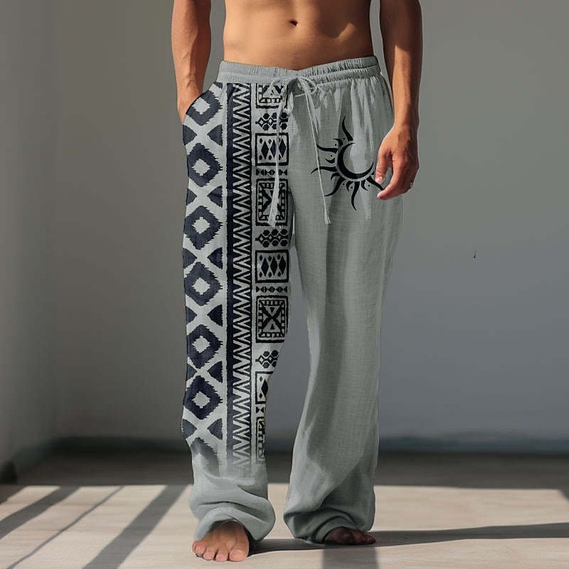 Men's Sun Tribal Linen Pants Pants Trousers Baggy Pants Mid Waist Vintage Outdoor Daily Wear Streetwear Fall & Winter Green Khaki Gray2