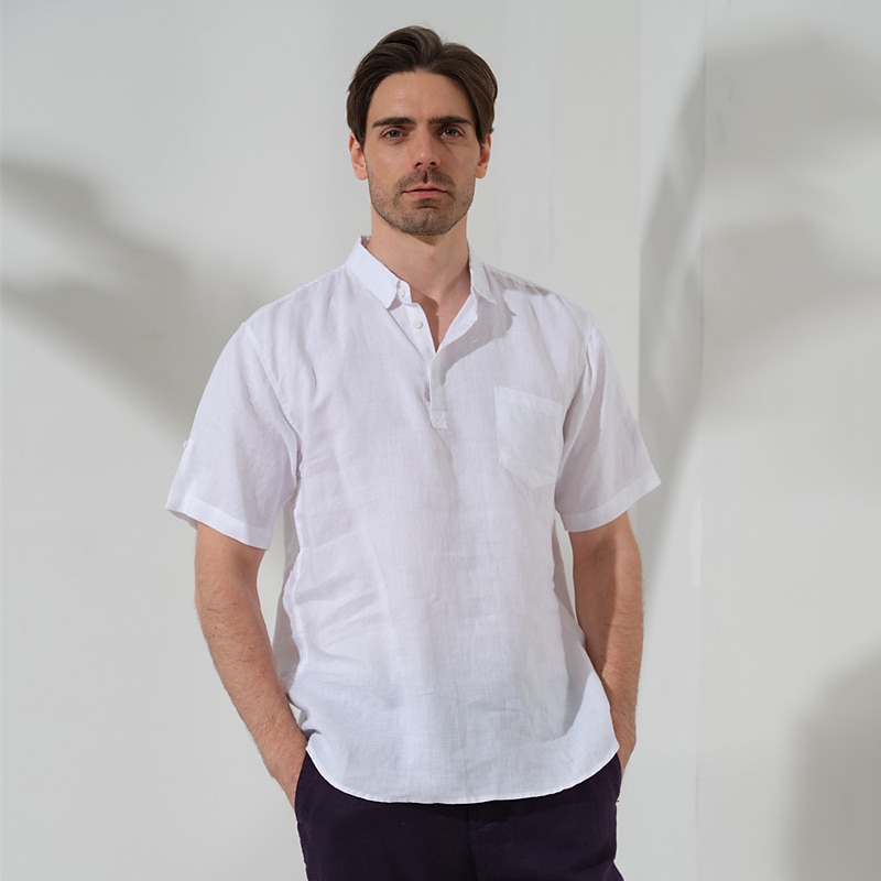 100% Linen Front Pocket Men's Shirt Linen Shirt Black White Dark Blue Short Sleeve Plain Lapel Summer Outdoor Daily Clothing Apparel