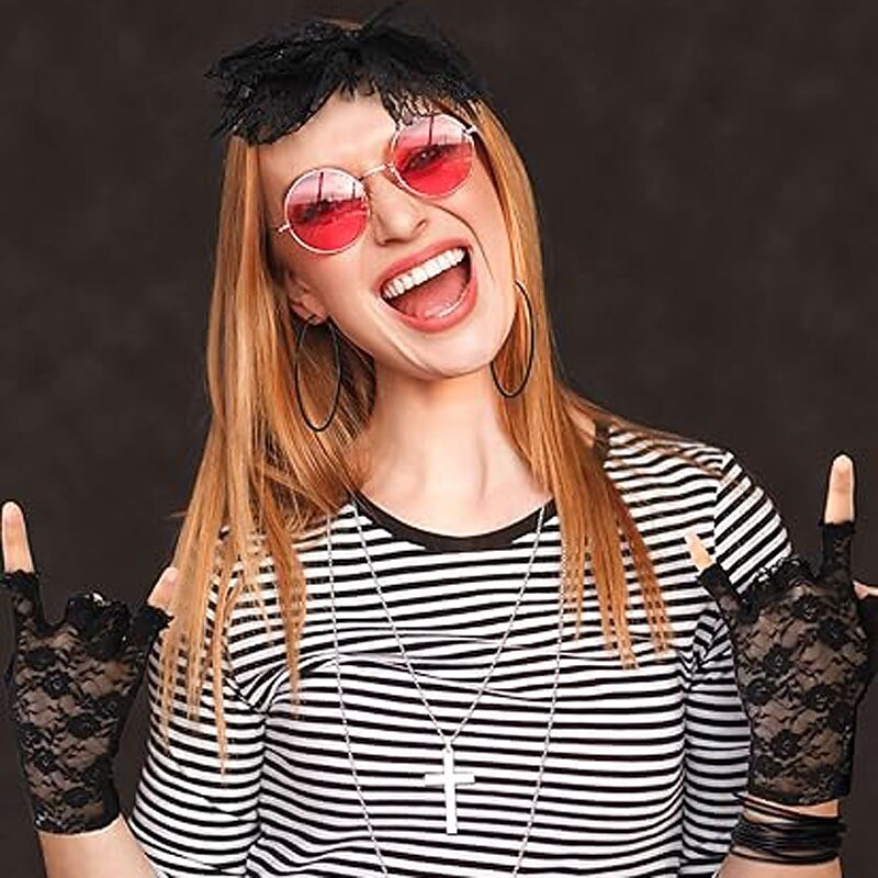 Halloween Hot Selling 80s Theme Ball Set Lace Bow Headband Gloves Cross Necklace Set3