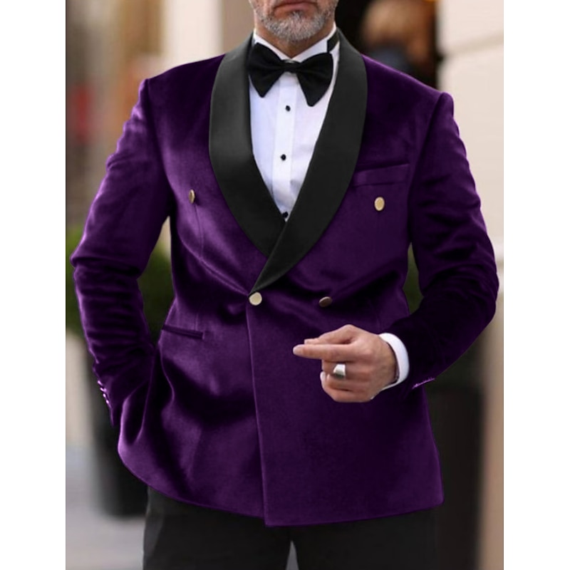 Men's Velvet Vintage Party Blazer Jacket Outdoor Sports Jacket Solid Colored Blazer Regular Plus Size Double Breasted Four-buttons Black Burgundy Blue Purple 20233