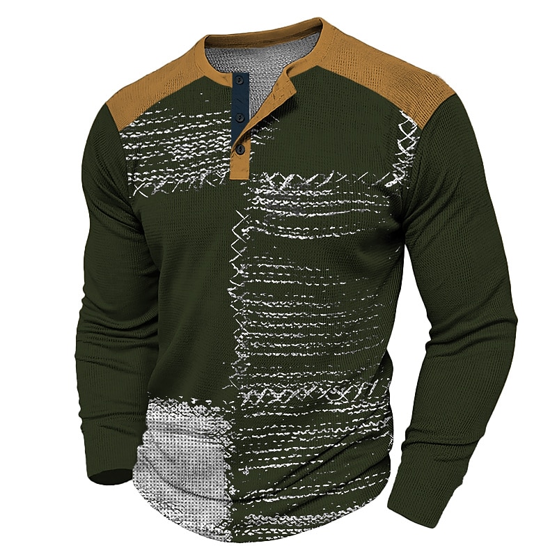 Men's Graphic Color Block Henley Shirt Waffle T Shirt Long Sleeve 3D Print Fashion Designer Casual Sports Outdoor Holiday Festival Spring &  Fall Black Army Green Dark Blue Coffee Henley Henley3