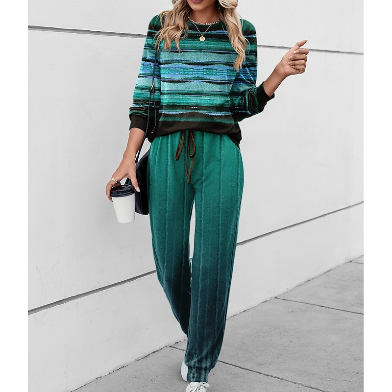 Women's 2 Pieces Sweatshirt Tracksuits Sports Daily Tracksuit Pants Sets Joggers Pants Trousers Long Sleeve Round Neck Striped Drawstring Print Outdoor Casual Red Blue Green3