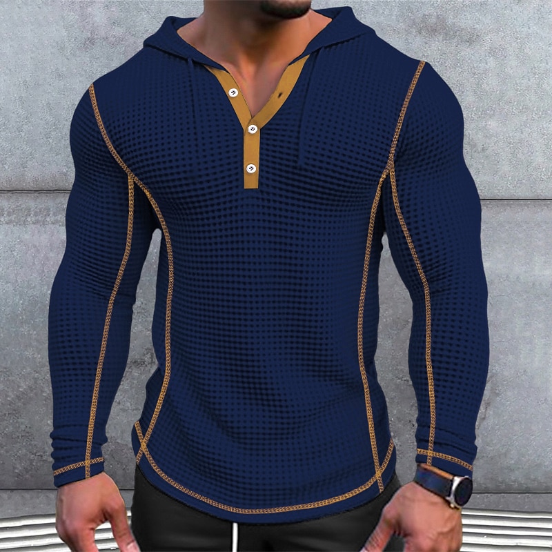 Men's T Shirt Waffle Henley Shirt Henley Shirt Tee Top Long Sleeve Henley Spring &  Fall Plain Fashion Designer Basic Patchwork Hooded Vacation Street Going out Black White Navy Blue Top Tee for Men3
