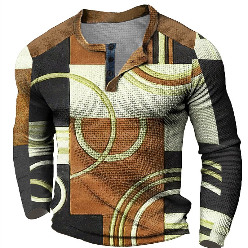 Men's Graphic Color Block Geometic Henley Shirt Waffle T Shirt Long Sleeve 3D Print Fashion Designer Casual Sports Outdoor Holiday Festival Spring &  Fall Blue Red Purple Orange Gray Henley Henley2