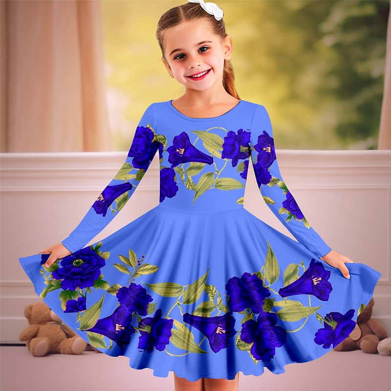Easter Carnival Girls' 3D Floral Dress Long Sleeve 3D Print Spring Fall Vacation Sports & Outdoor Daily Cute Casual Beautiful Kids 3-12 Years Casual Dress A Line Dress Above Knee Regular Fit4