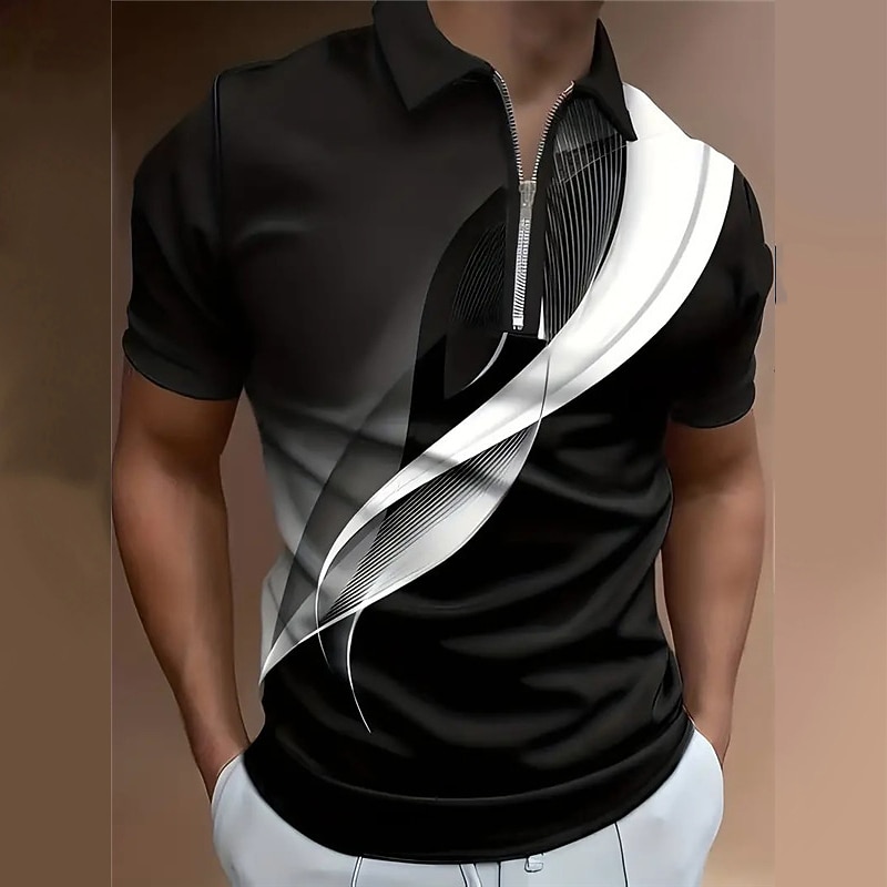 Men's Geometric Zip Polo Shirts Golf Shirt Short Sleeve Polo Shirts Collared Shirts Business Casual Vacation Wear Formal Wear Festival Wear 3D Print Quarter Zip Polo Spring & Summer Black