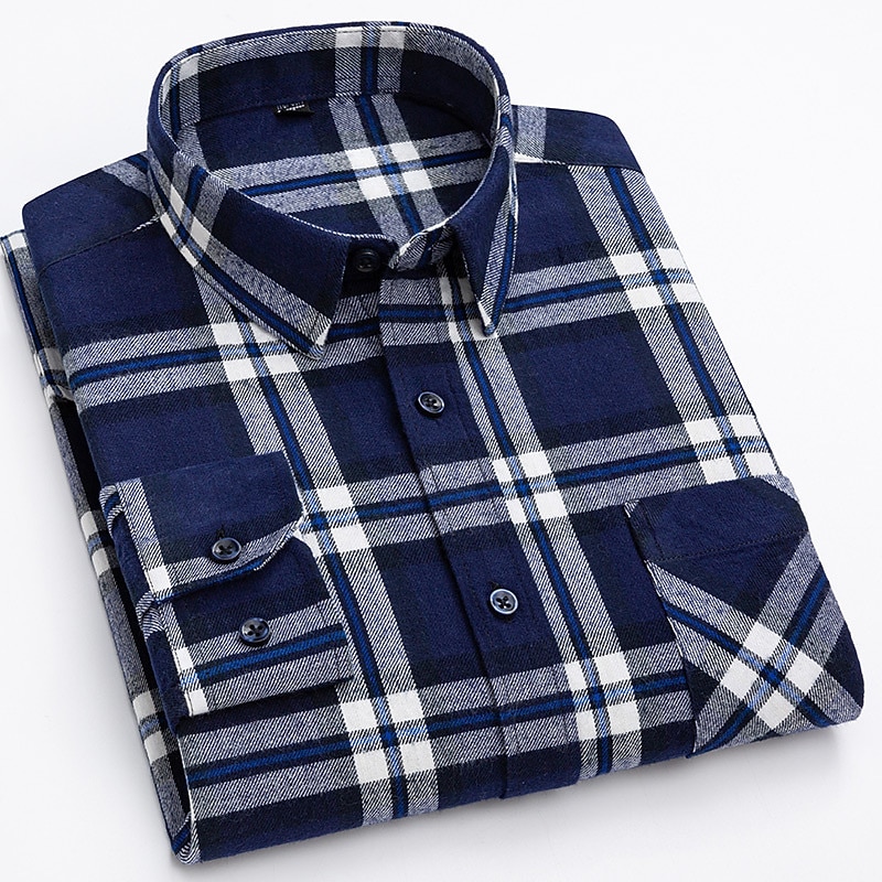 Men's Shirt Dress Shirt Plaid Office & Career Wedding Party Red Navy Blue Blue Orange Long Sleeve Lapel Spring &  Fall Clothing Apparel Front Pocket