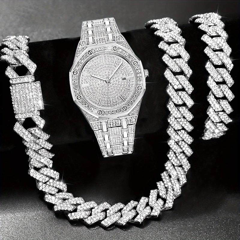 3pcs/set HipHop Mens Rhinestone Watch & Necklace & Bracelet Set, Christmas Gift4