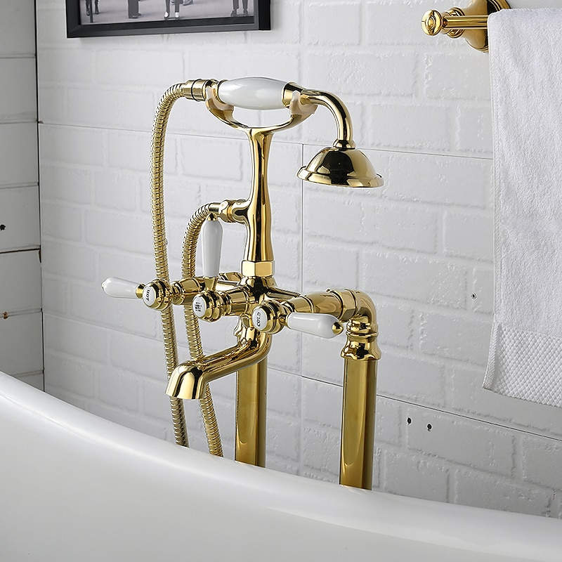 Bathtub Faucet - Retro Vintage Electroplated Free Standing Ceramic Valve Bath Shower Mixer Taps4