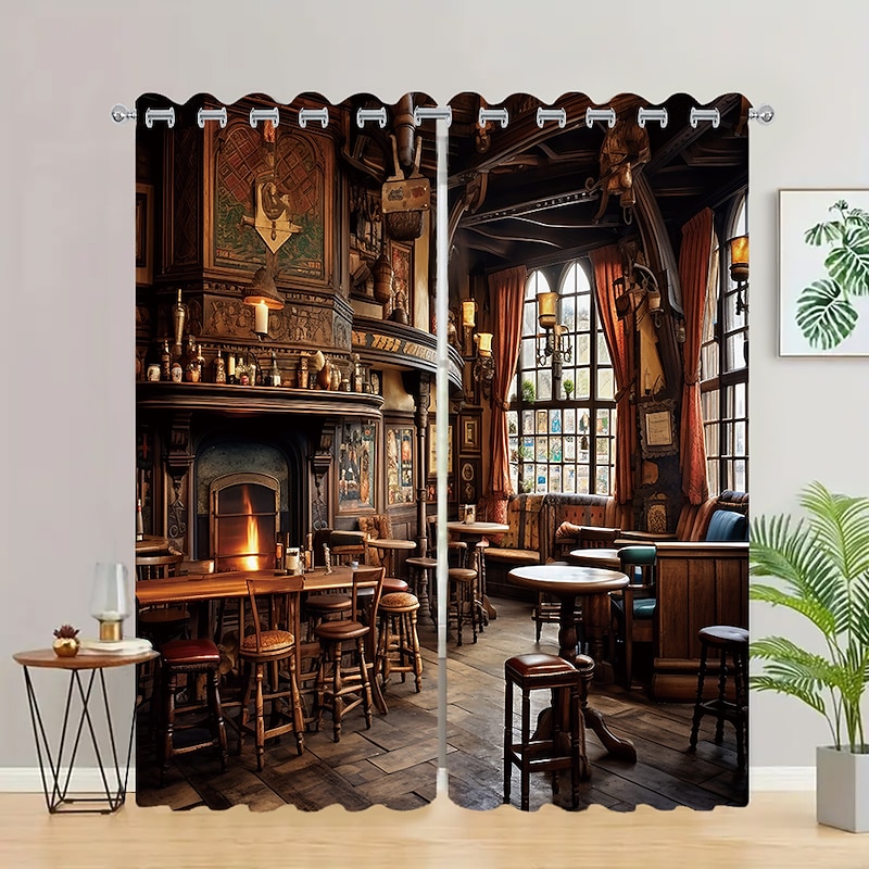 2 Panels Vintage Bar Curtain Drapes Blackout Curtain For Living Room Bedroom Kitchen Window Treatments Thermal Insulated Room Darkening