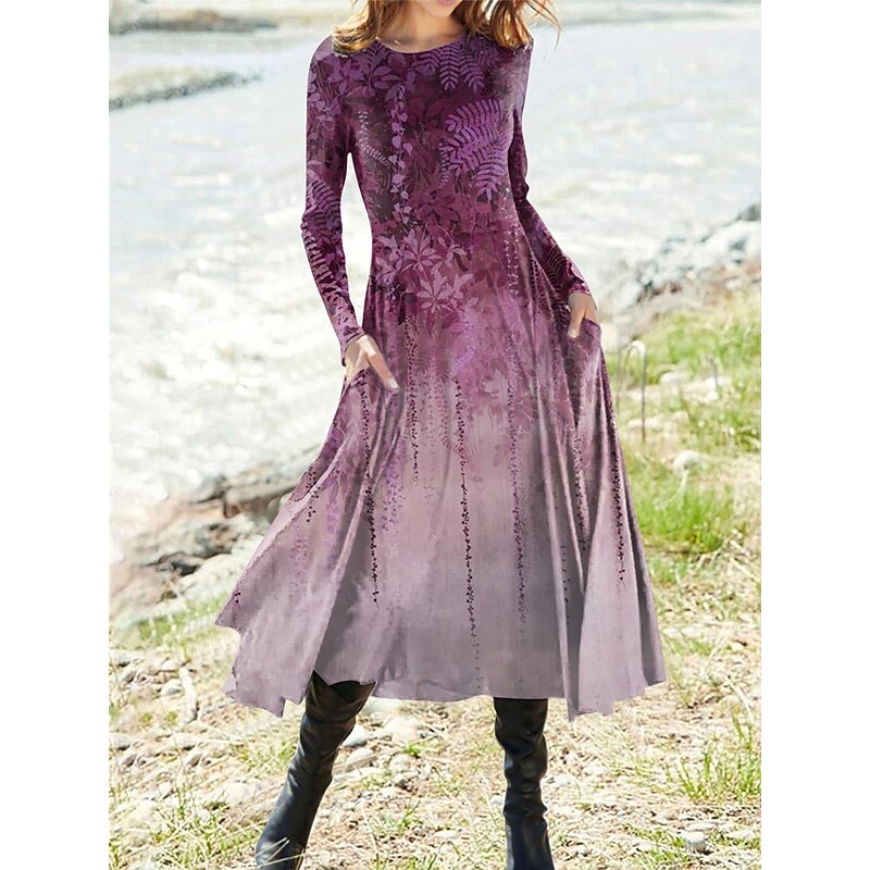 Women's Midi Dress Vintage Dress Casual Dress Winter Dress Swing Dress Vintage Ethnic Tribal Formal Vacation Party Regular Fit Floral Long Sleeve Crew Neck Wine Purple Green Khaki Fall Winter4