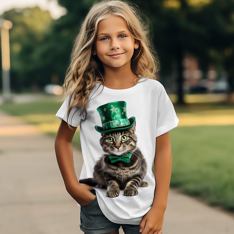 St. Patrick Girls' 3D Cat Tee Shirt Short Sleeve 3D Print Summer Active Fashion Cute Polyester Kids 3-12 Years Crew Neck Outdoor Casual Daily Regular Fit4