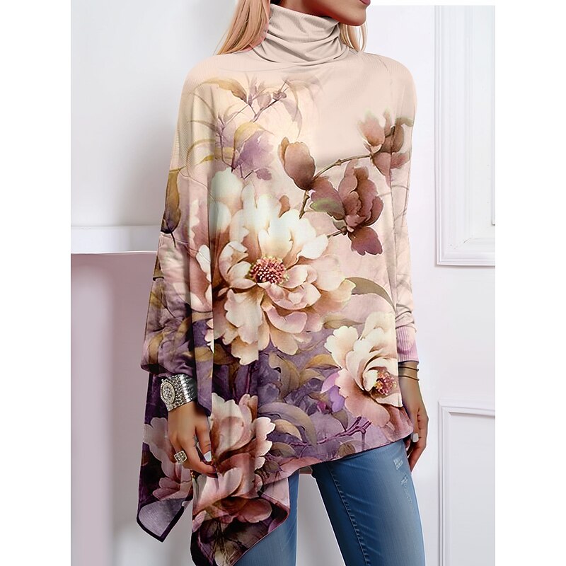Women's T Shirt Fashion Floral Print Asymmetric Hem Long Sleeve Regular Tops High Neck Casual Holiday Pink Blue Green Khaki Spring & Fall4