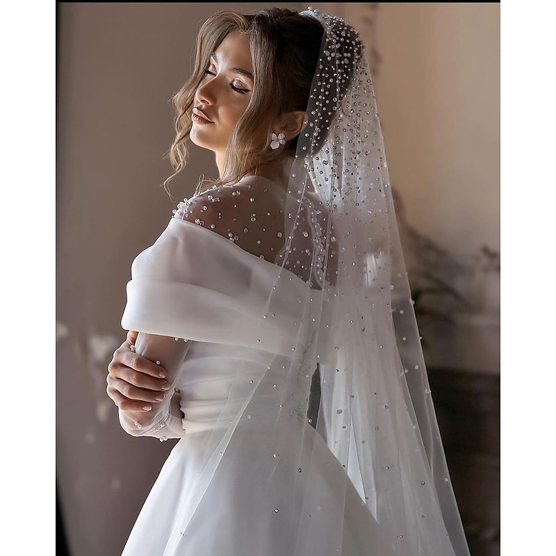 Beach Simple Wedding Dresses Formal Wedding Dresses A-Line Illusion Neck Long Sleeve Floor Length Tulle Bridal Gowns With Ruched Beading4