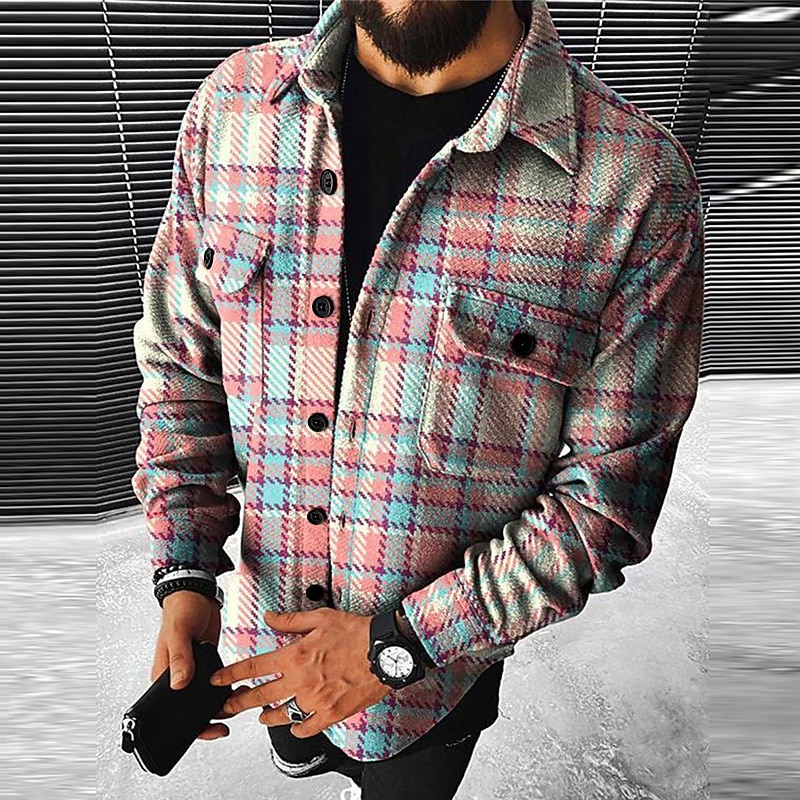 Men's Plaid Geometric Pattern Shirt Jacket Overshirt Long Sleeve Fashion Going out Weekend Fall & Winter Turndown Print Pink Blue Sky Blue Vivid Pink Orange