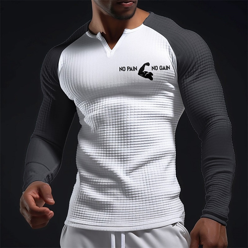 Men's Muscle Graphic Color Block Waffle Shirt T Shirt Raglan T Shirt Long Sleeve T shirt 3D Print V Neck Shirt Daily Classic Casual Sports Outdoor Holiday Going out Black White Light Grey Spring2