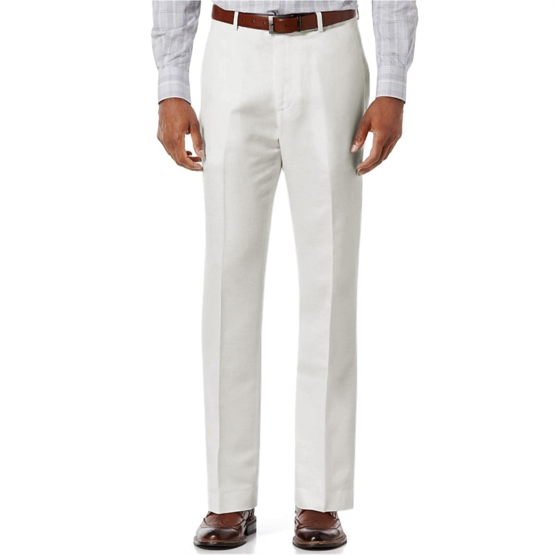 Men's Linen Pants Trousers Dress Pants Summer Pants Pleated Pants Pocket Straight Leg Plain Comfort Soft Formal Business Casual Fashion Classic White Navy Blue Micro-elastic - Main Image