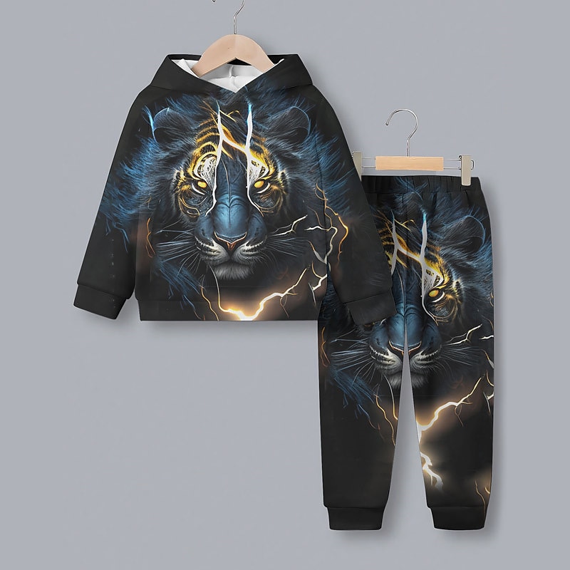Boys 3D Tiger Hoodie & Sweatpants Set Long Sleeve 3D Printing Spring Fall Active Fashion Cool Kids 3-12 Years Hooded Outdoor Vacation Street Regular Fit3