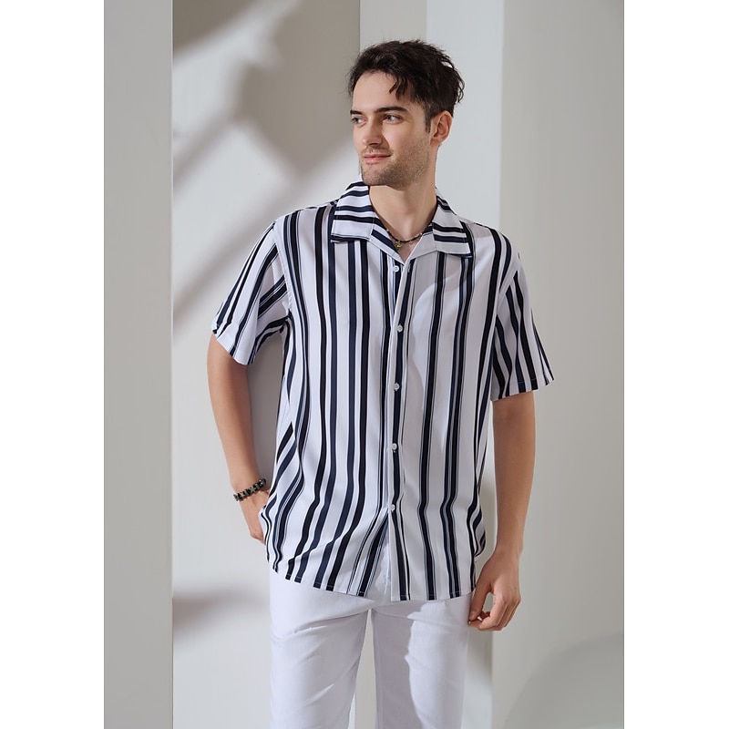 Men's Striped Geometric Pattern Shirt Button Up Shirt Short Sleeve Fashion Designer Casual Outdoor Daily Summer Collar Print Button-Down White Blue Purple Brown Gray2